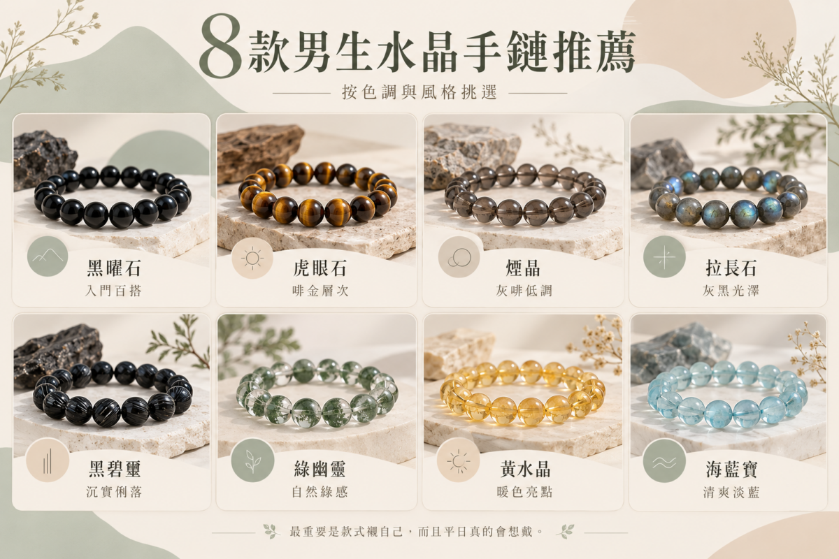 8 款男生水晶手鏈選購與穿搭速查表:整理黑曜石、虎眼石、煙晶、拉長石、黑碧璽、綠幽靈、黃水晶與海藍寶的顏色、水晶寓意及適合穿搭風格。