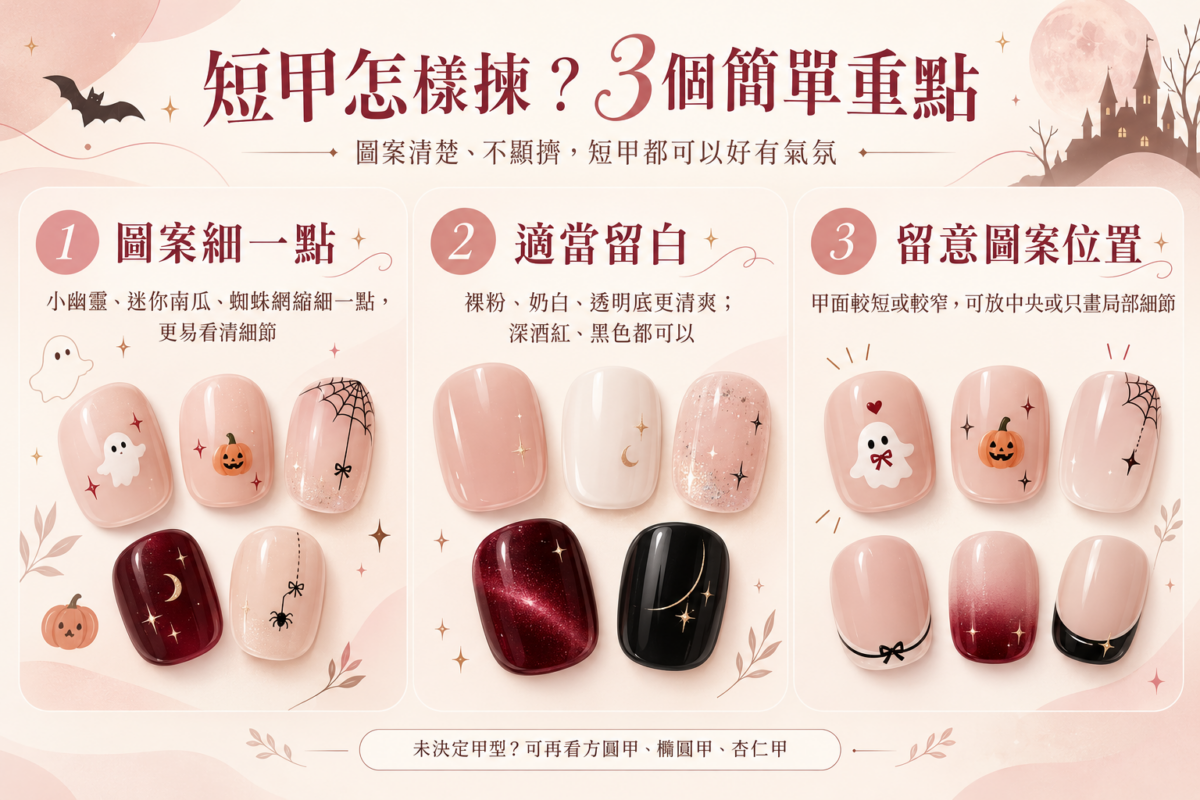 短甲萬聖節美甲圖解,以小幽靈、南瓜、蜘蛛網及酒紅貓眼款式,示範縮細圖案、適當留白及圖案位置3個重點。