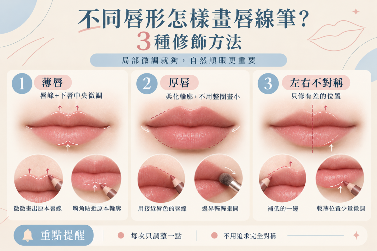 不同唇形的唇線筆畫法資訊圖,整理薄唇、厚唇及左右不對稱唇形的3種自然修飾技巧。