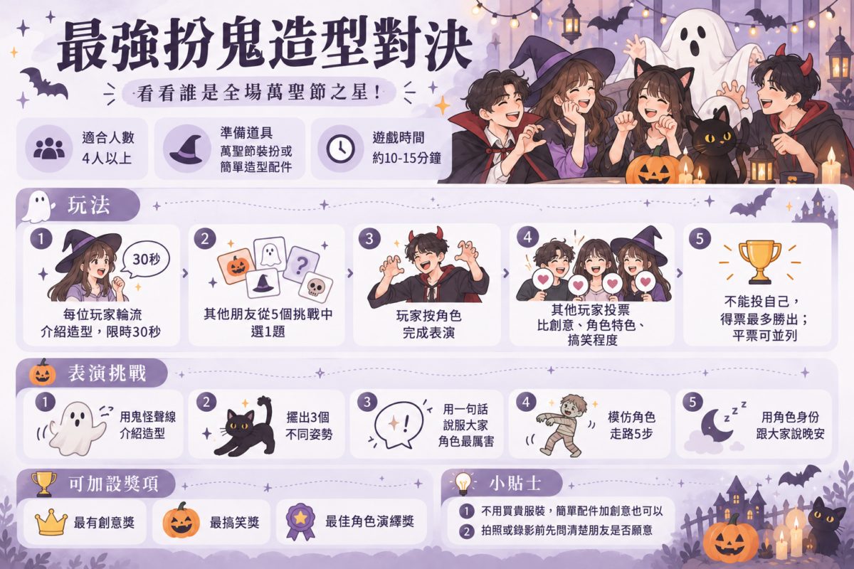 萬聖節扮鬼造型比賽遊戲圖解,展示朋友穿上女巫、吸血鬼等造型參與投票,以及5個角色表演挑戰和獎項。