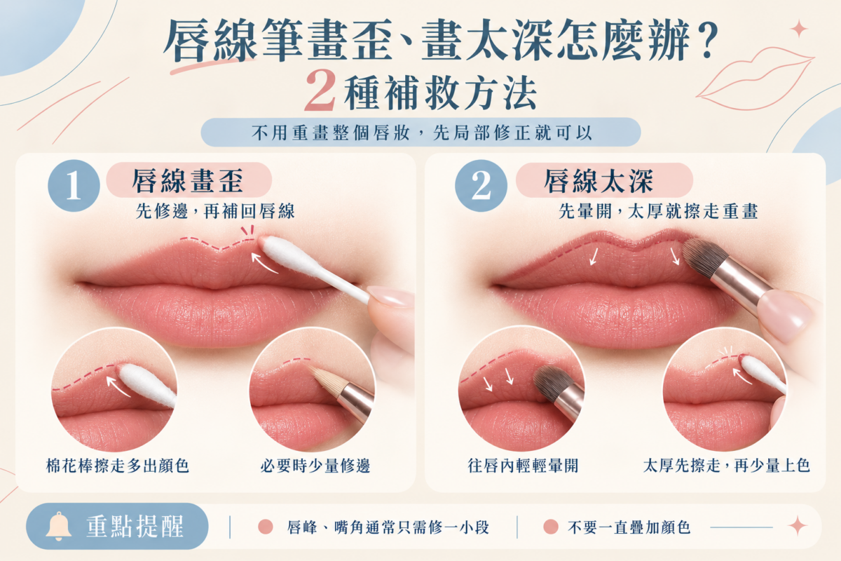 唇線筆補救方法示意圖,說明唇線畫歪時如何用棉花棒修邊,以及顏色太深時怎樣暈開或擦走多餘唇線。