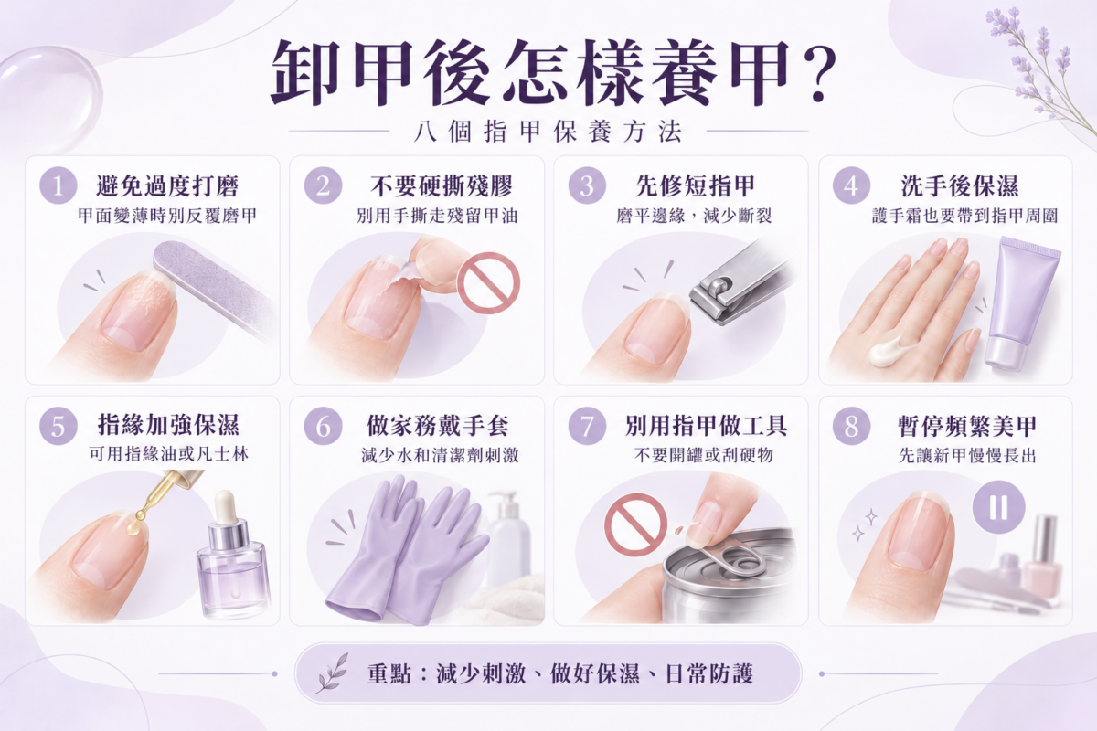 卸Gel後養甲資訊圖，整理8個實用指甲保養方法，包括避免過度打磨、修短指甲、加強保濕及暫停頻繁美甲。
