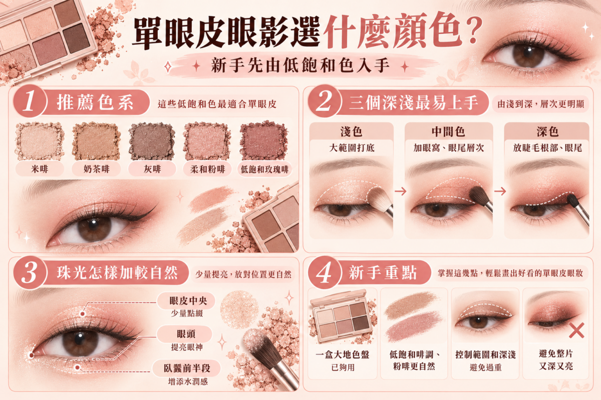 單眼皮新手眼影選色與消腫畫法圖解:標示低飽和大地色系推薦、淺中深 3 階眼影塗抹區域圖,以及眼皮中央、眼頭與臥蠶的珠光打亮位置。