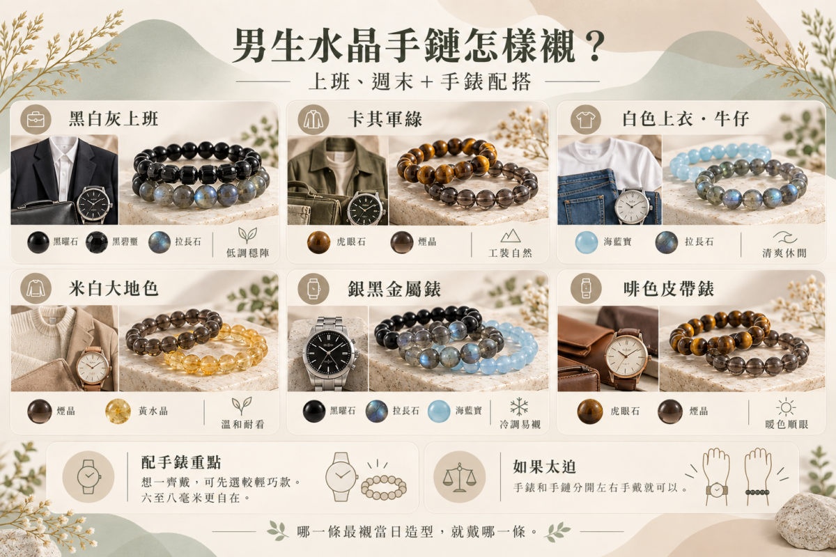 男生水晶手鏈穿搭與手錶配搭速查指南:整理黑白灰、工裝、淺色、大地色服飾以及金屬錶、皮帶錶適合配搭的水晶款式。