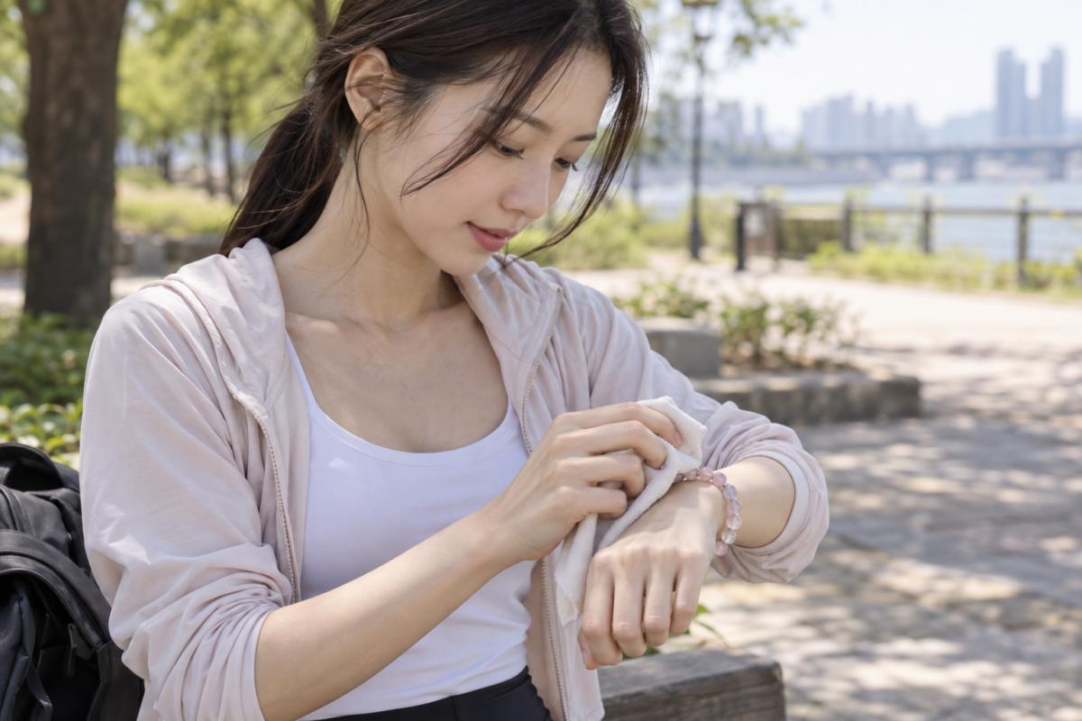 日常戴水晶應盡量避開香水、防曬、護手霜和大量汗水，護膚完成後再佩戴，流汗後擦乾，運動或做家務時可先除下。
