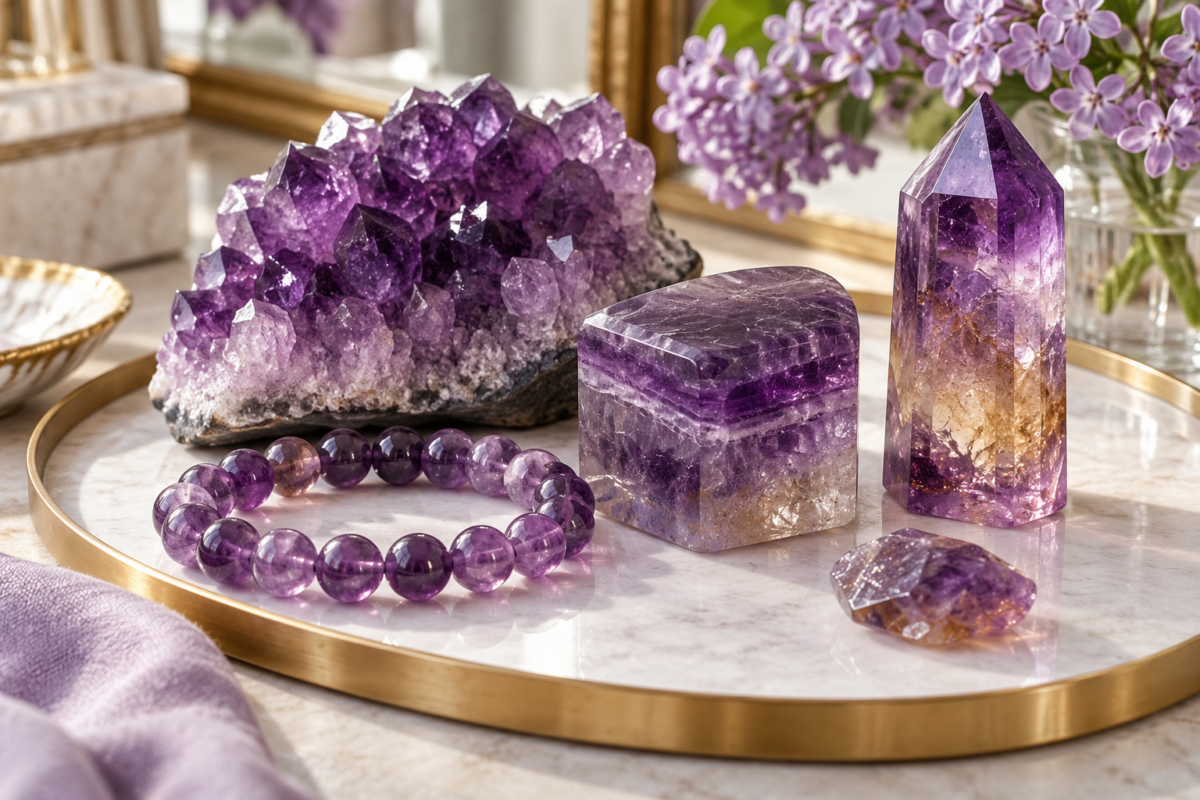 紫色水晶常見有紫水晶、紫螢石和紫黃晶,適合優雅、夢幻及低調氣質穿搭,亦常帶有平靜和智慧等傳統寓意。