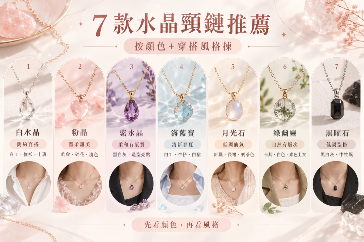 7款水晶頸鏈推薦資訊圖,整理白水晶、粉晶、紫水晶、海藍寶、月光石、綠幽靈及黑曜石的特色與穿搭風格。