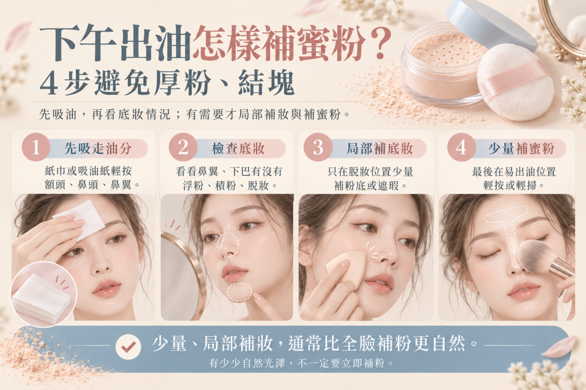 下午出油補蜜粉4步圖解,示範先用吸油紙吸走油分、檢查底妝、局部補粉底及少量補蜜粉的方法。