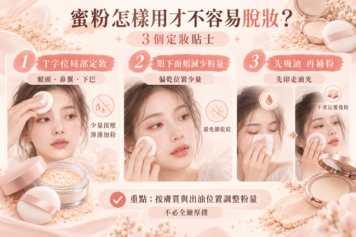 蜜粉定妝技巧圖解,示範T字位少量按壓、眼下及面頰減少粉量,以及出油後先吸油再補粉的3個貼士,避免厚粉與卡紋。