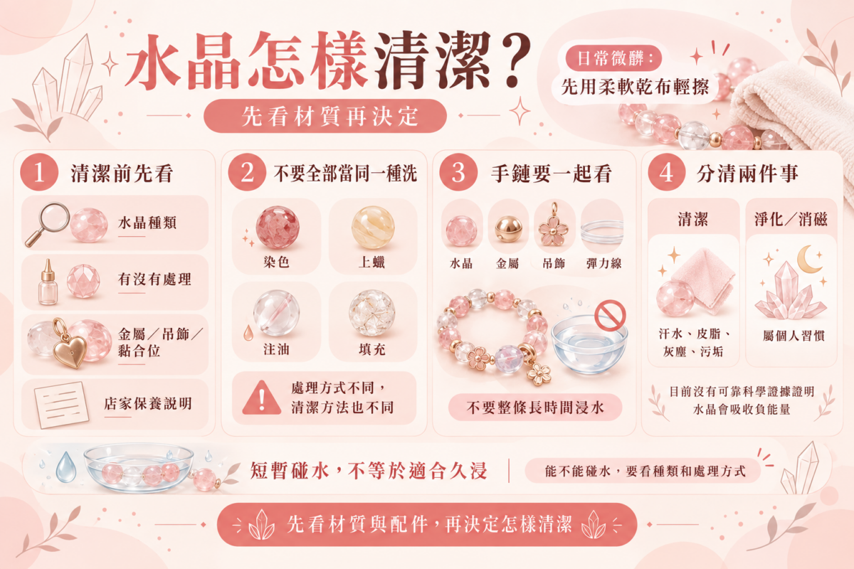 水晶清潔圖解，整理清潔前確認材質、人工處理、金屬配件及避免長時間浸水等重點。