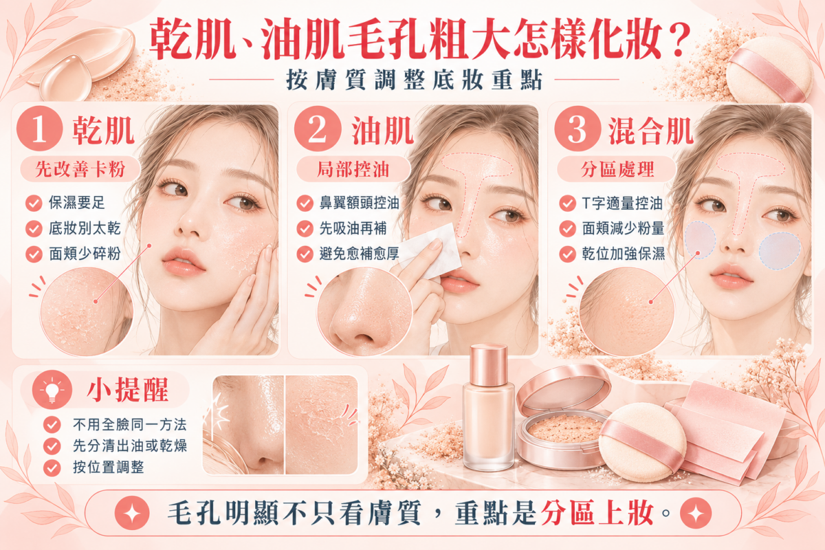 乾肌、油肌及混合肌毛孔粗大化妝圖解，比較不同膚質的妝前保濕、局部控油及分區上妝重點。