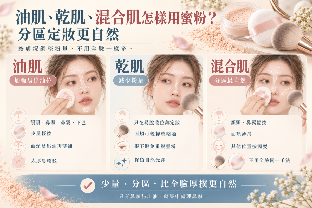 油肌、乾肌及混合肌蜜粉用法整理圖,示範不同膚質的定妝位置、粉量調整及粉撲與蜜粉掃使用技巧。
