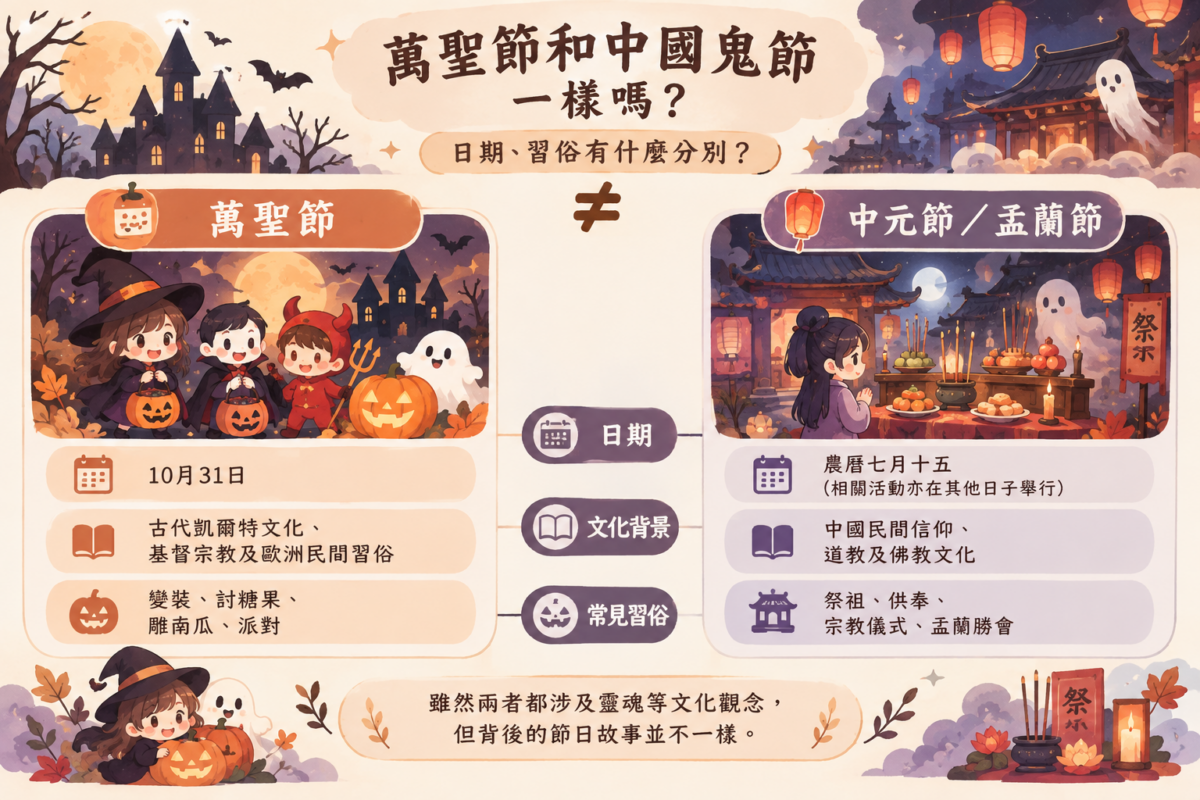 萬聖節與中國鬼節比較圖解，透過變裝討糖與祭祖供奉的節日插畫，對照兩者的日期、文化背景及傳統習俗差異。