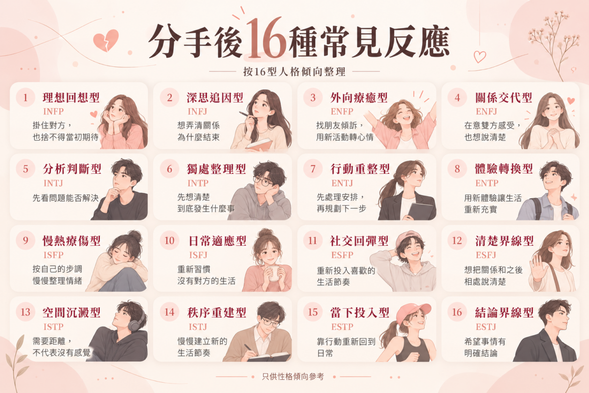 MBTI分手後16型人格反應整理圖,以人物插畫呈現INFP、INFJ、ENFP等不同人格失戀後的情緒、想法及應對方式。