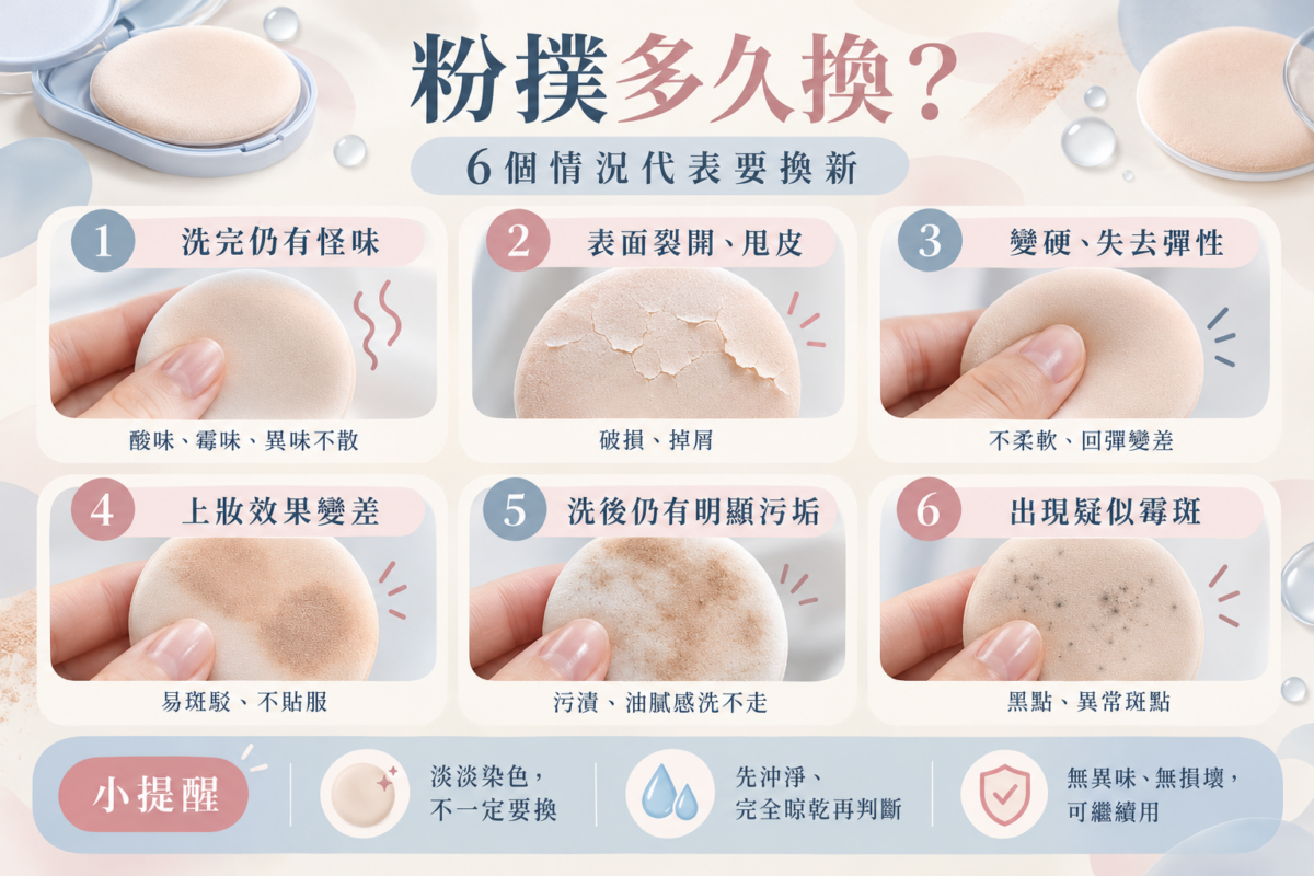 粉撲更換時機整理圖,列出異味、表面破損、失去彈性、上妝不均、殘留污垢及疑似霉斑6個換新訊號。