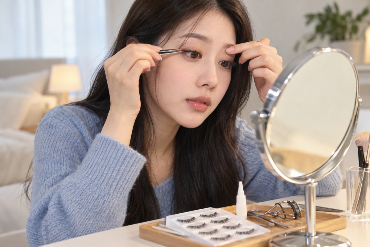 假睫毛眼頭翹起、眼尾容易甩、滑動、真假睫毛分層或貼歪，可以透過調整長度和位置、保持眼皮乾爽及正確使用睫毛膠來改善。