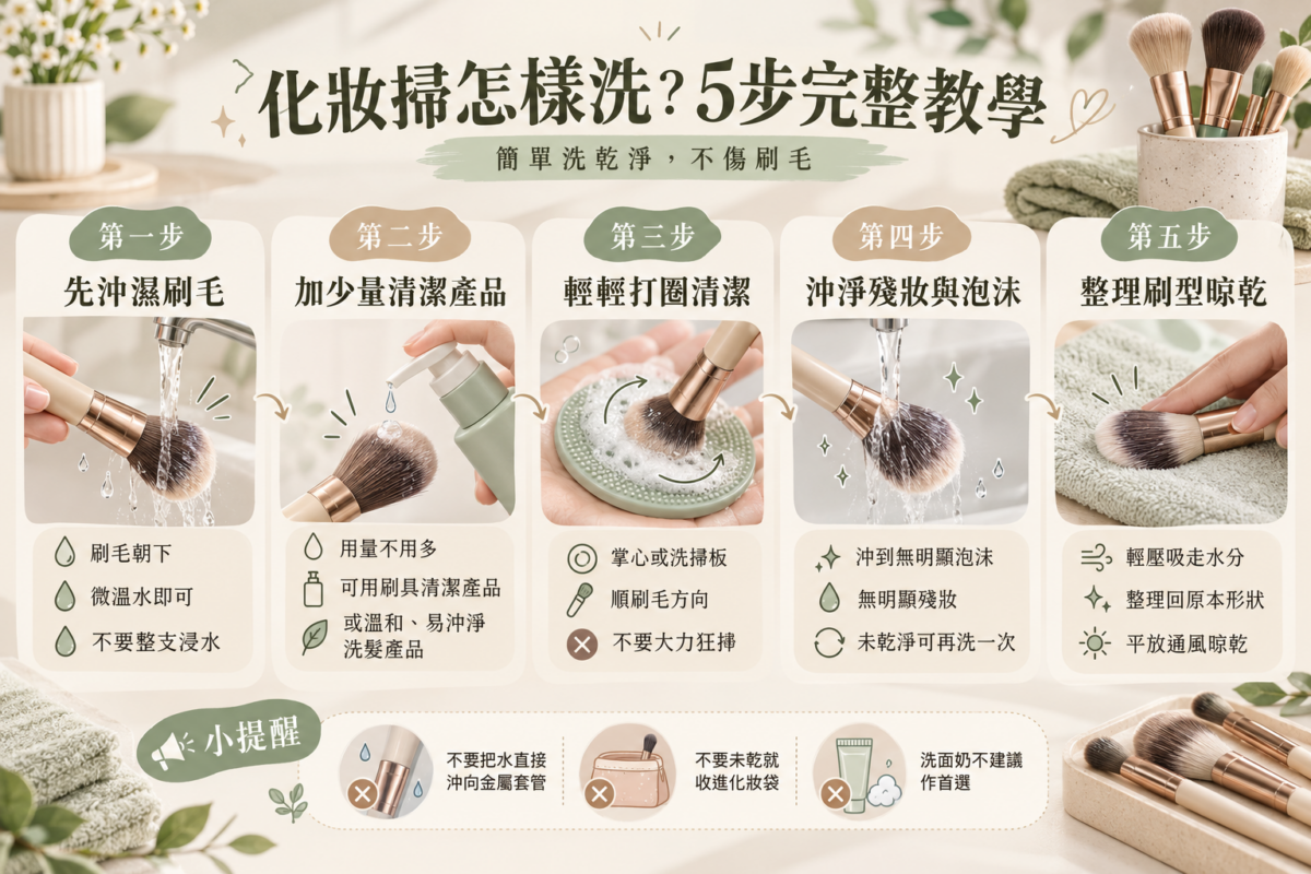 化妝掃正確清洗5步驟流程圖：包含刷頭朝下沖濕、使用溫和清潔劑、掌心輕柔打圈、徹底沖洗殘妝，以及毛巾壓乾平放通風晾乾的完整美妝刷具保養懶人包。
