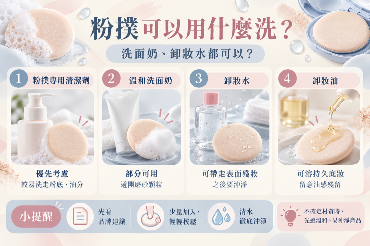 粉撲清潔產品資訊圖,比較專用清潔劑、溫和洗面奶、卸妝水及卸妝油的用途與注意事項。