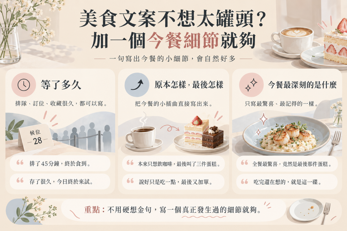 美食Caption撰寫靈感資訊圖:解析「等了多久」、「原本怎樣➔最後變成怎樣」與「今餐最深刻」3大不流於罐頭感的美食貼文句型公式與實用範例。