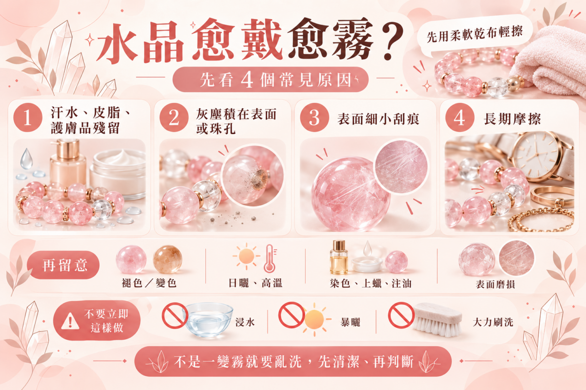 水晶變霧原因示意圖，整理汗水皮脂、灰塵、細小刮痕及長期摩擦等常見情況，並提醒避免浸水、暴曬和大力刷洗。