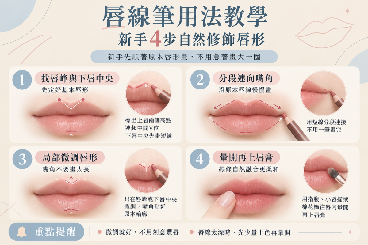 唇線筆用法4步教學圖解,示範找準唇峰與下唇中央、分段連接嘴角、局部微調唇形及暈開唇線的技巧。