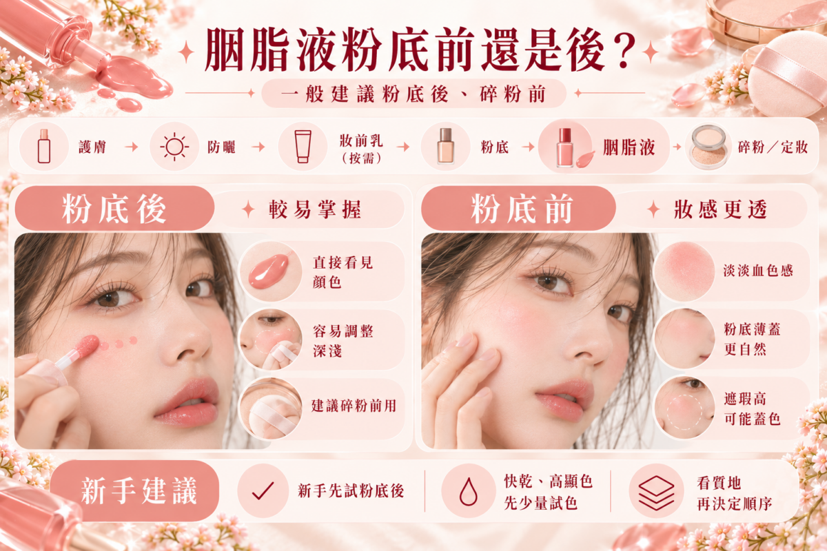 胭脂液上妝順序圖解,比較粉底前後使用的妝感差異,並整理新手建議的化妝步驟。