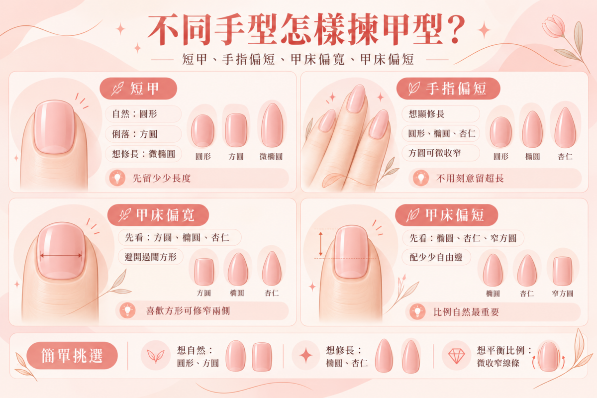 不同手型美甲形狀挑選圖解,整理短甲、手指偏短、甲床偏寬及甲床偏短的適合甲型與修飾技巧。