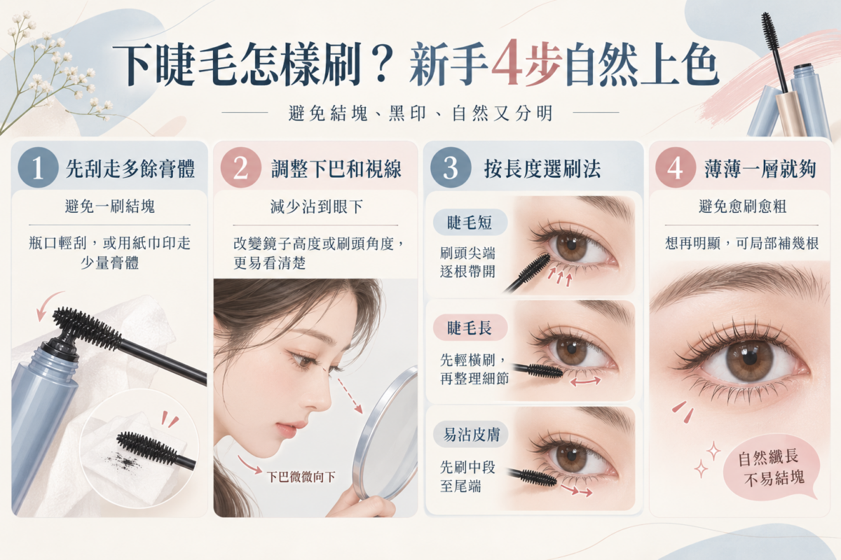 下睫毛畫法4步圖解： 整理刷前去除多餘膏體、調整下巴與視線、按睫毛長度選擇刷法，以及薄刷一層避免結塊的技巧。