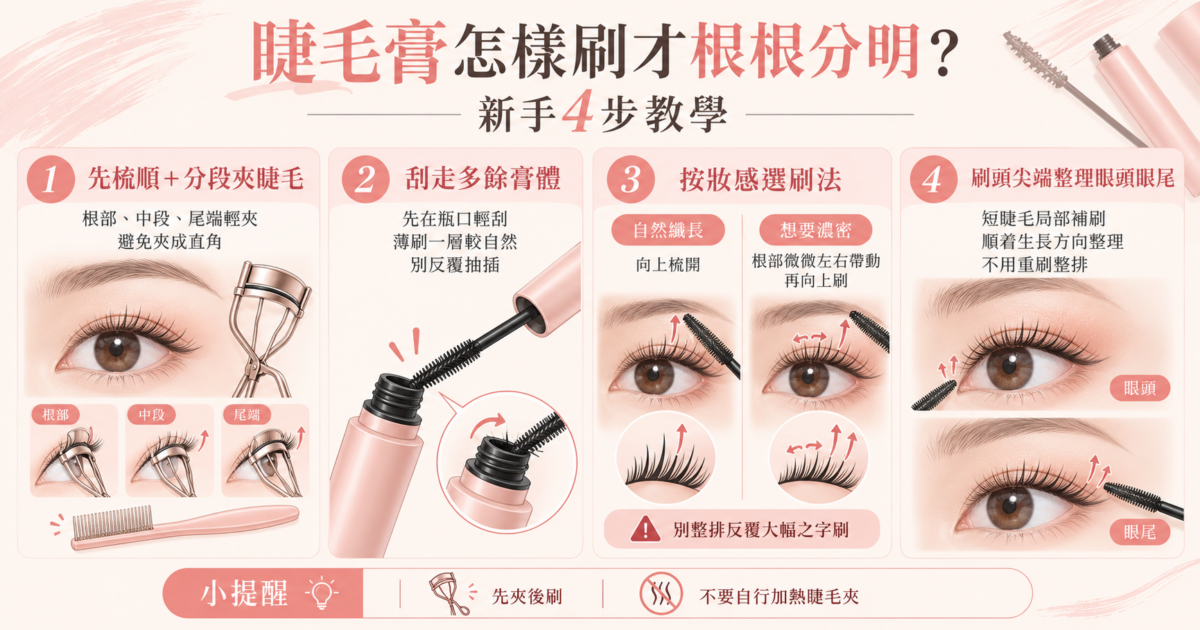 睫毛膏刷法步驟圖解，示範分段夾睫毛、控制膏量、向上刷與根部輕微左右刷法，以及眼頭眼尾補刷技巧。