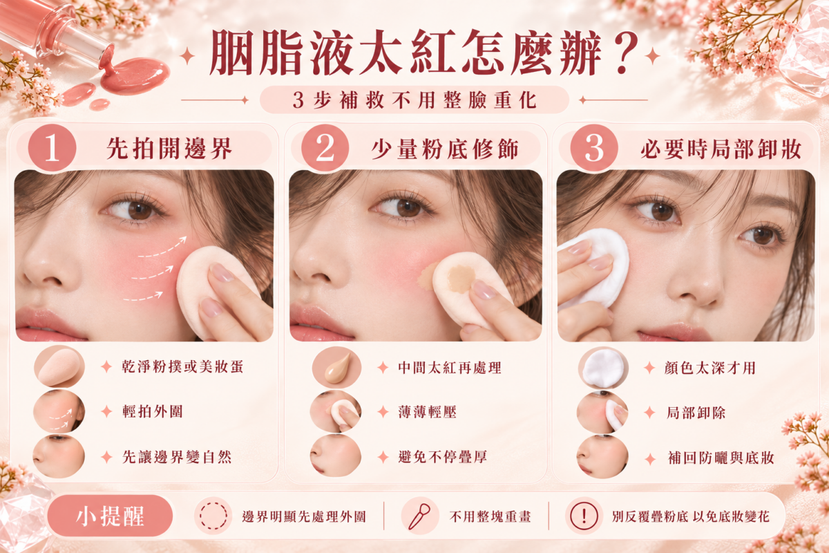 胭脂液太紅補救示意圖,展示輕拍邊界、少量粉底修飾及必要時局部卸妝的3個步驟。