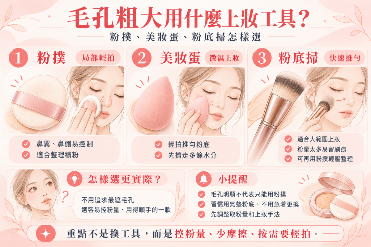 毛孔粗大上妝工具比較圖，展示粉撲、美妝蛋及粉底掃的使用方法與特點，幫助減少底妝卡粉和積粉。