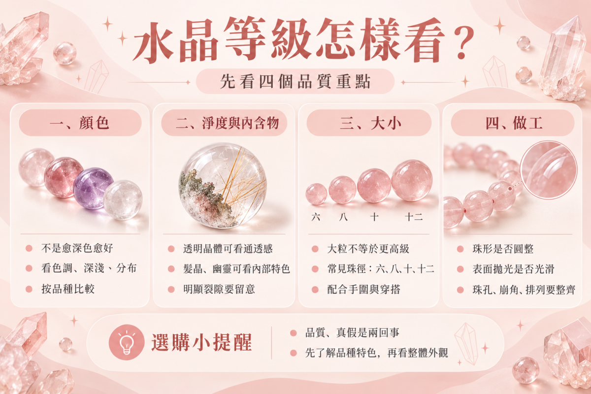 水晶等級資訊圖,透過水晶珠子與手鏈示意,整理顏色、淨度與內含物、大小及做工4個品質判斷重點。