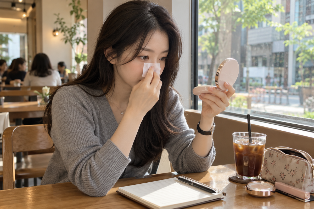 下午出油補蜜粉先用紙巾或吸油紙輕按吸油,再檢查底妝、局部補粉底或遮瑕,最後少量補蜜粉,避免厚粉、結塊及脫妝。
