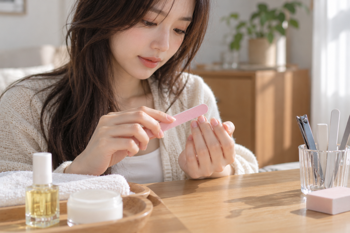 使用甲銼輕輕磨平指甲邊緣，示範卸Gel後指甲分層、容易斷裂時的修甲及保養方法。