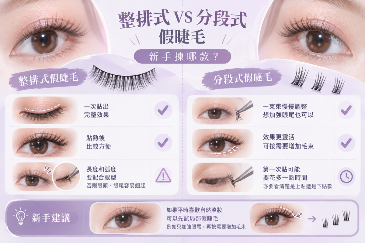 整排式與分段式假睫毛比較圖解，展示兩種假睫毛的佩戴效果、貼法差異及新手選擇建議。