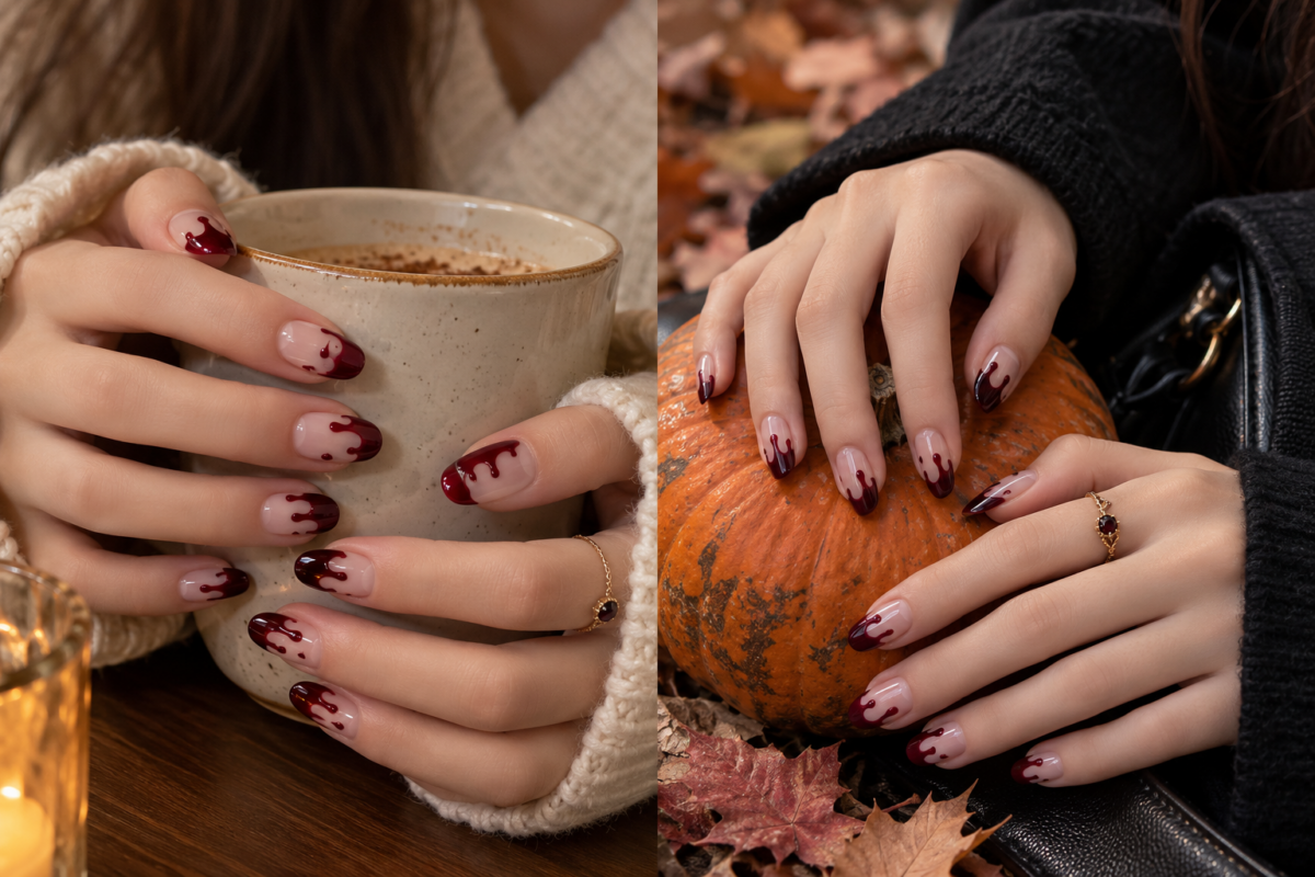 酒紅血滴萬聖節美甲以裸色或奶白色為底,搭配酒紅、深紅或櫻桃紅色的滴落線條,展現神秘又帶點暗黑感的吸血鬼風格。