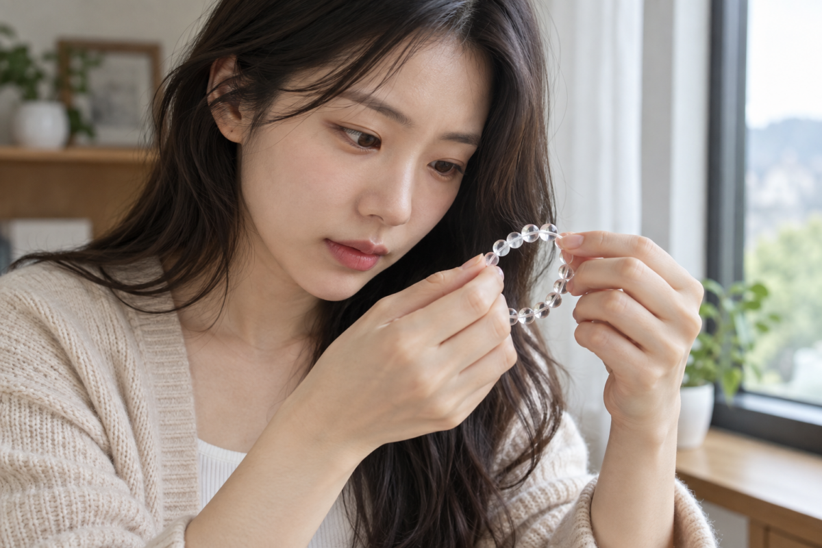 彈力水晶手鏈佩戴時應慢慢滑過手掌、避免猛拉或長期拉到極限，見到鬆、露線或起毛就應及早處理。