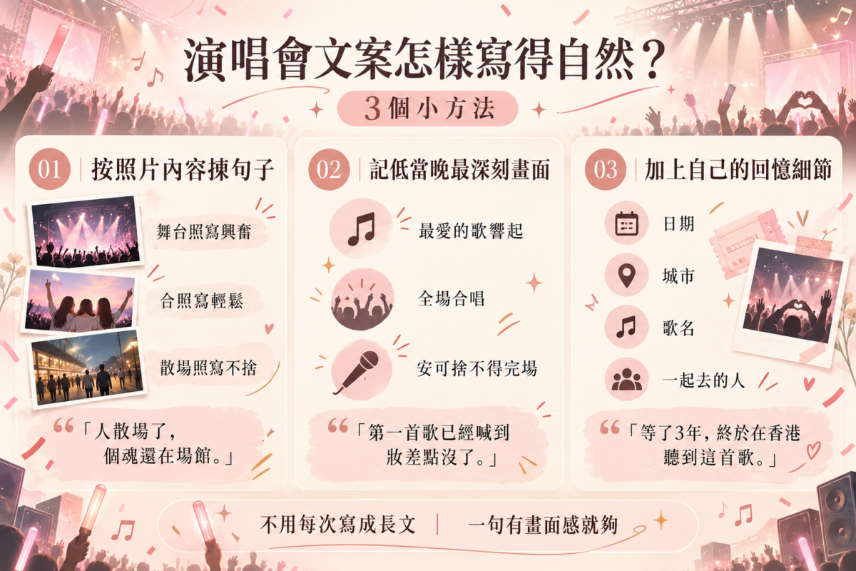演唱會文案3個小方法資訊圖，整理按照片內容揀句子、記錄難忘畫面及加入個人回憶細節的寫法。