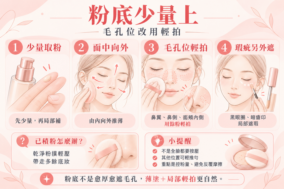粉底少量上妝步驟圖解，示範由面中向外推薄粉底、毛孔位置輕拍，以及局部遮瑕和處理積粉的方法。
