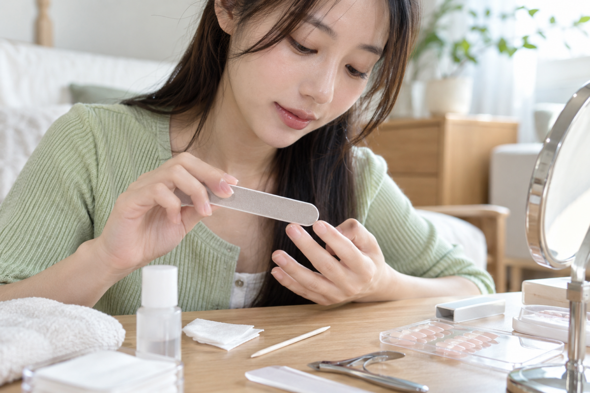 穿戴甲貼上時應先對準甲根、避免壓到皮膚,再按產品方法把中央和兩側壓實,減少甲片底下留有空隙。