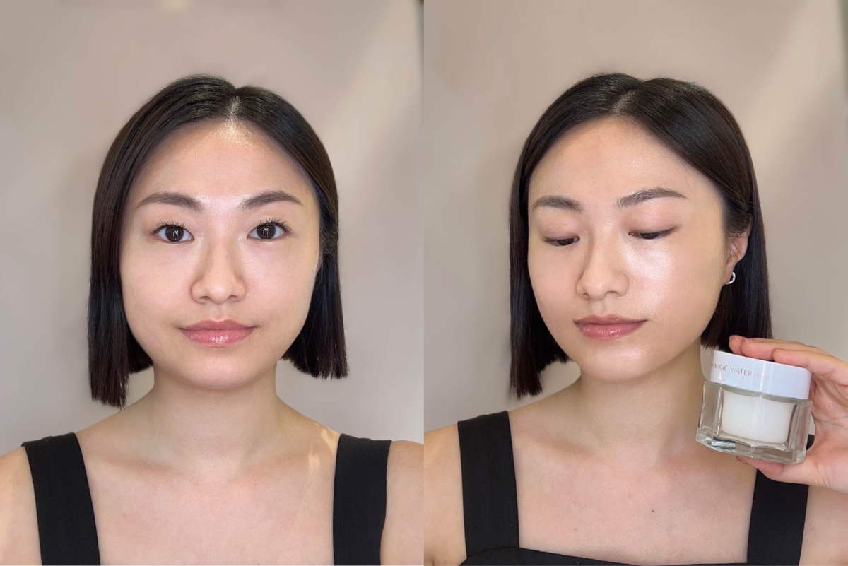 （左）BEFORE：肌膚較乾燥暗沉；（右） AFTER：使用魔法注水霜後肌膚瞬間水潤柔軟～