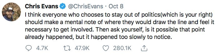 美國隊長Chris Evans呼籲大家關心政治