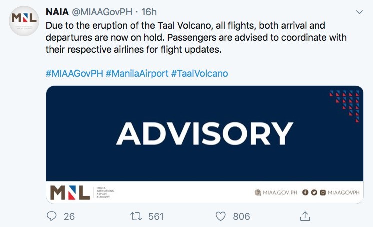 馬尼拉阿基諾國際機場（NAIA）亦宣布受火山爆發影響，機場已經暫停所有往來航班升降