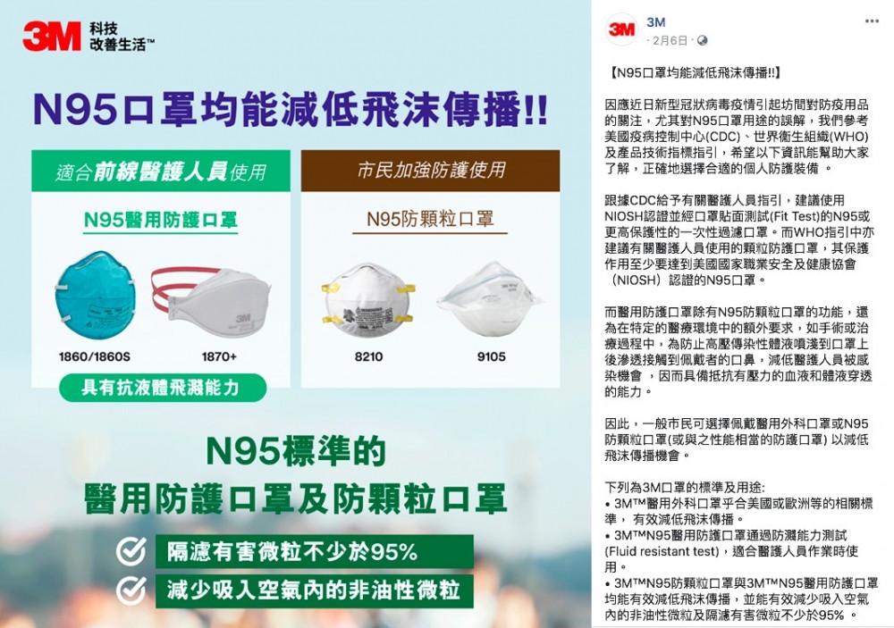 出售嘅係3M N95防顆粒口罩,3M曾喺官方facebook表示所有N95口罩都可以減低飛沫傳播,一般市民用N95防顆粒口罩如8210、9105亦可以。
