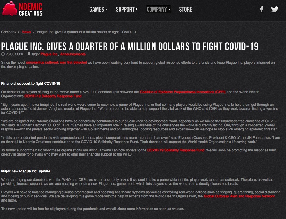 《瘟疫公司》創辦人James Vaughan就表示8年前製作呢個遊戲時，從來無諗過現實世界有一日會好似遊戲咁。