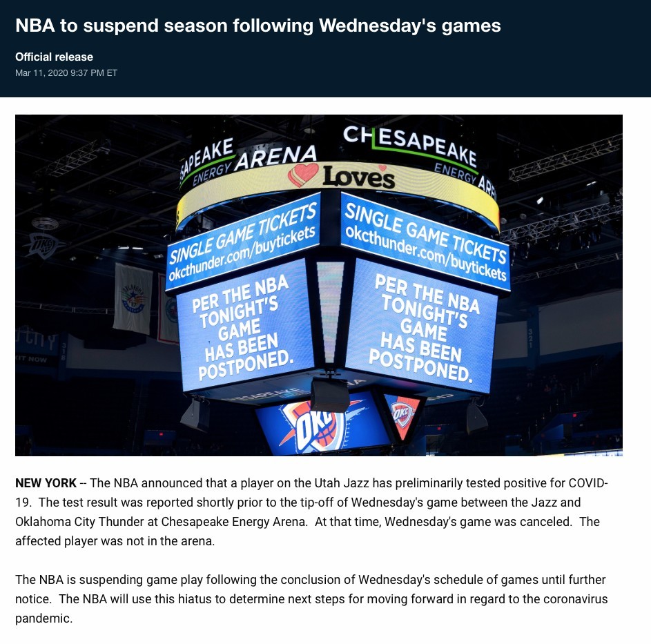 NBA球員Rudy Gobert亦都對新型冠狀病毒測試呈陽性反應,確診感染。NBA亦宣布暫停今季賽事,直至另行通知。