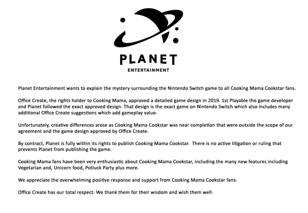 而《Cooking Mama:Cookstar》官方Twitter亦發出聲明,表示佢哋有權力推出有關遊戲。