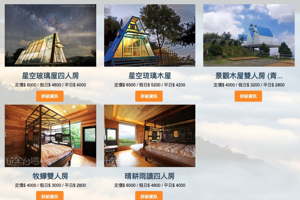 生態農場亦可以喺戶外露營區搭帳篷，亦設有一般民宿客房畀大家揀，一般平日雙人房約2,800台幣起一晚。