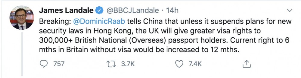 BBC記者引述英國外相指BNO持有人或可延長逗留時間
