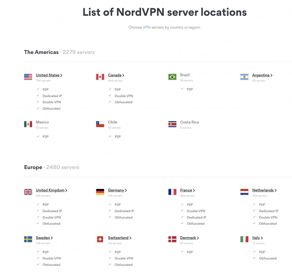 NordVPN伺服器地區